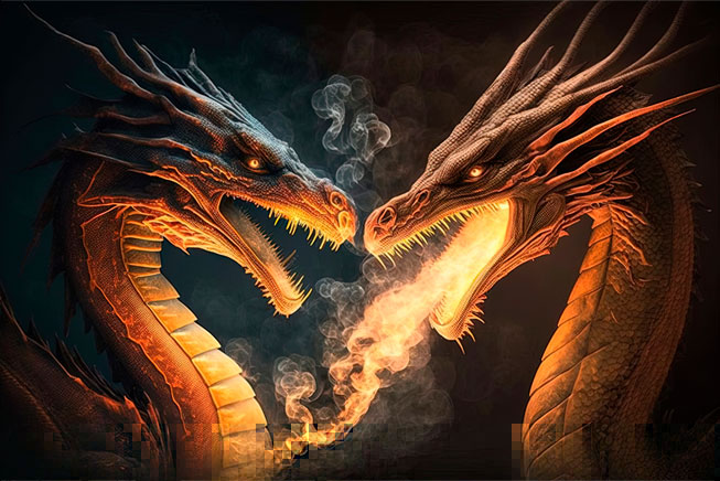 Fotomural ilustración pareja dragones majestuosos luz dorada